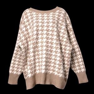AVA & VIV Carmel Tan & White Houndstooth Long Sleeve Crewneck Tunic Sweater 3X